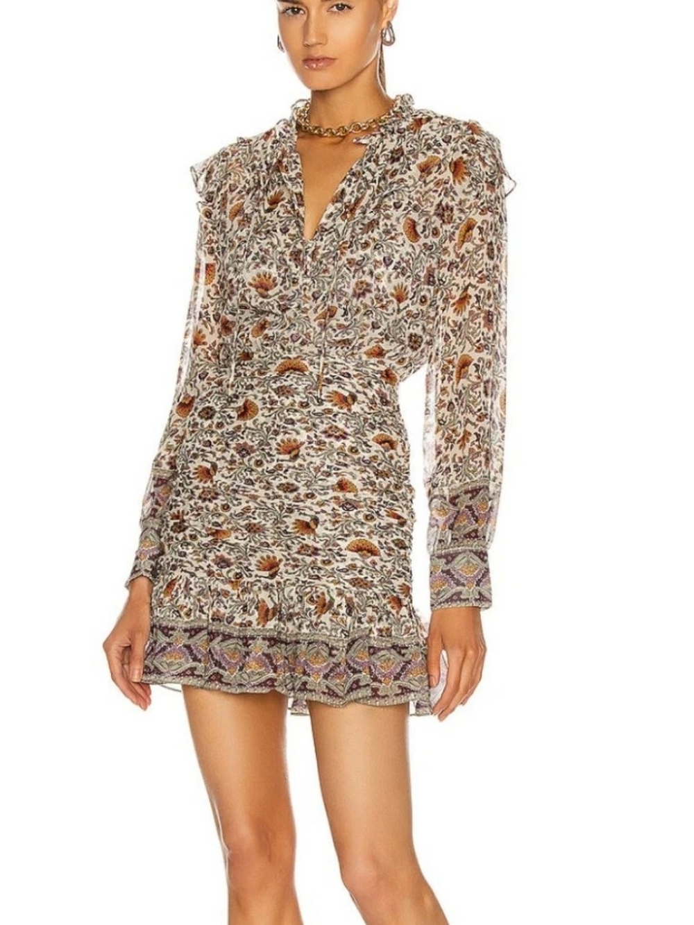Veronica Beard Cream Floral Long-Sleeve Mini Dress with Brown Accents